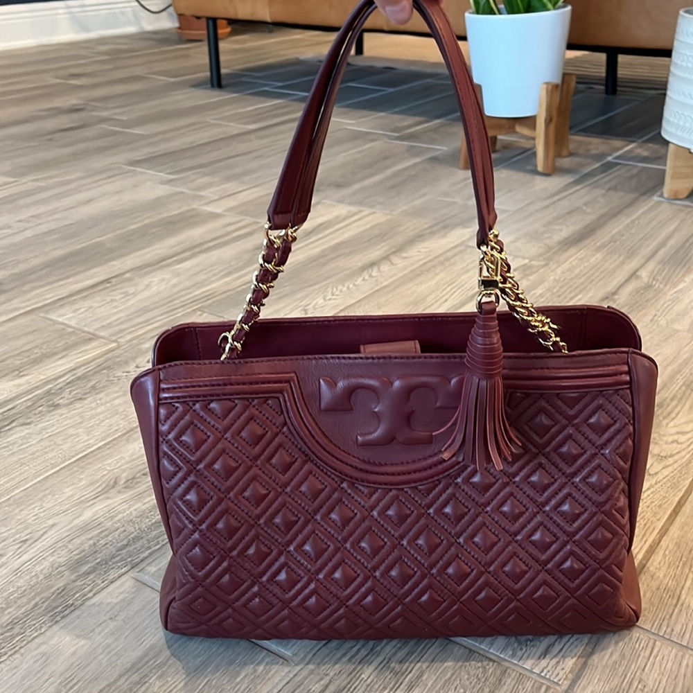Tory Burch Quilted Calfskin Leather Tote Burgundy